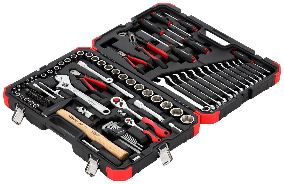 An open toolbox with various tools, including spanners, pliers, screwdrivers and socket wrenches.