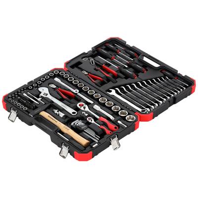 An open toolbox with various tools, including spanners, pliers, screwdrivers and socket wrenches.