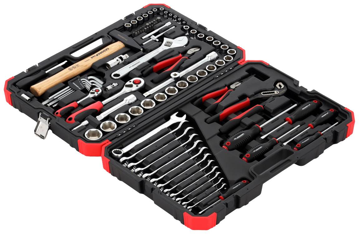 An open toolbox with various hand tools, including spanners, screwdrivers, and sockets, on a black insert.