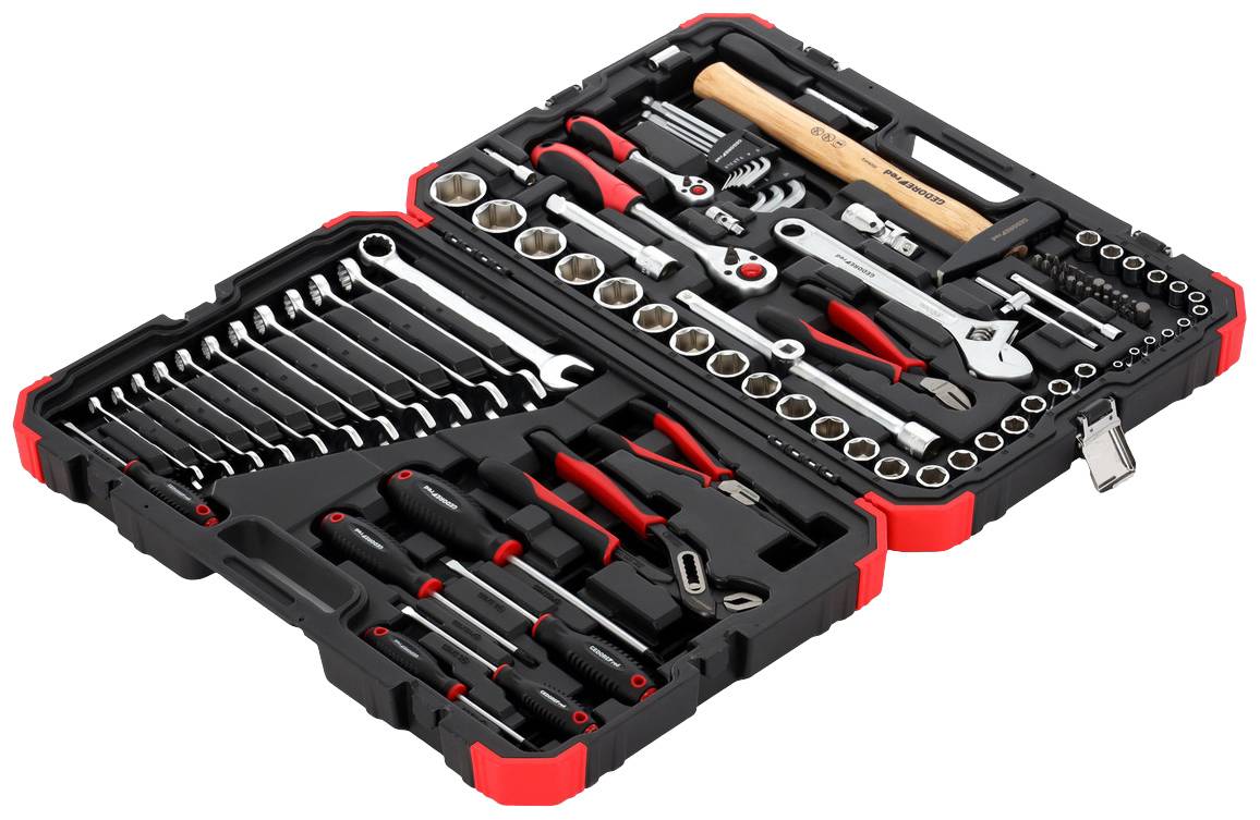 Open tool box with various tools such as spanners, pliers and screwdrivers, organised in compartments.