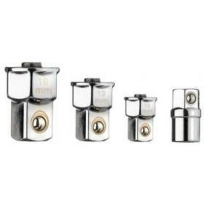 Four chrome-plated valve adapters in various sizes, arranged from large to small. Each adapter has a visible inner ring.