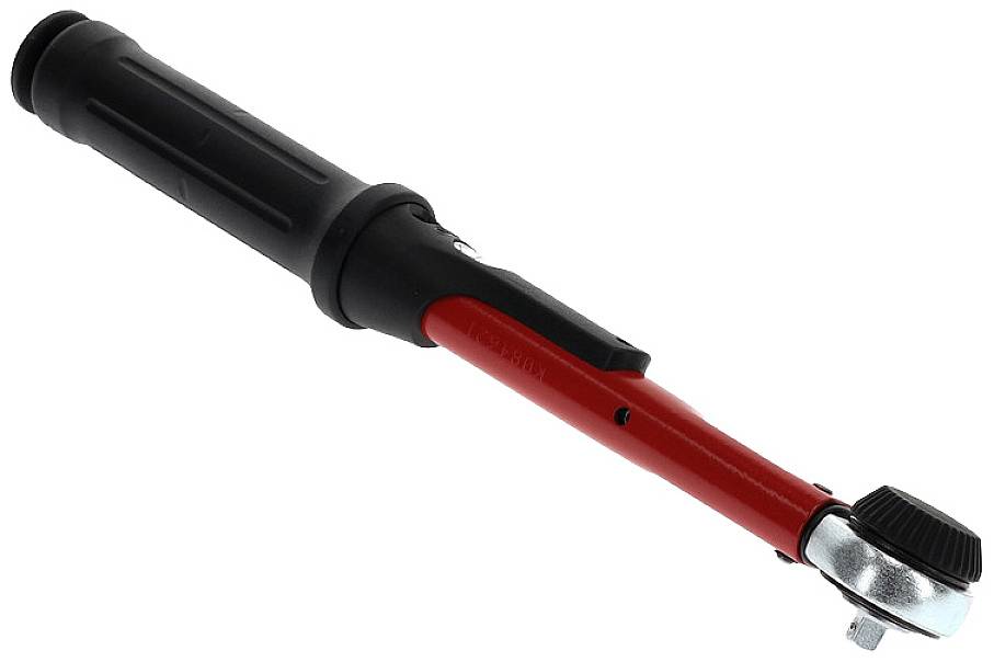 Torque wrench with a black handle and red shaft, suitable for precise tightening of screws and nuts in mechanical applications.