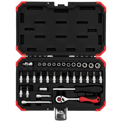 Tool case with ratchet, socket set and extensions, arranged in foam inserts.