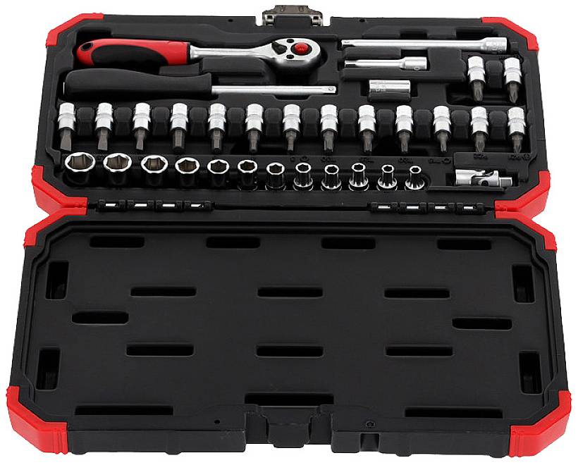 An open toolbox with a ratchet, socket sets, and bits in various sizes, neatly arranged.