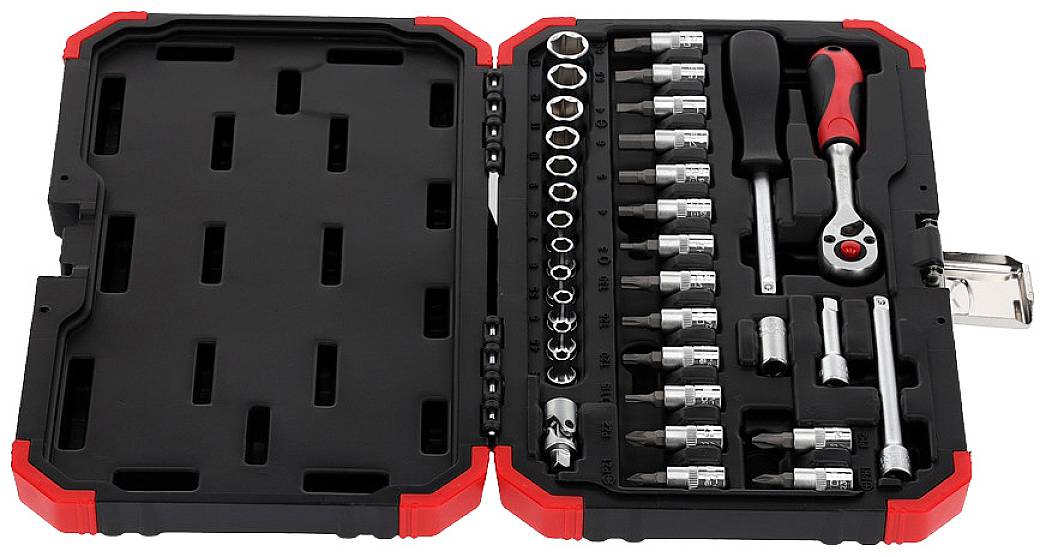 An open toolbox containing a sorted socket wrench set, ratchets, sockets, and extensions.
