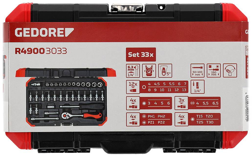 Tool set in a red case, brand 'Gedore'. Contains 33 pieces, including bits, ratchets and socket wrenches.