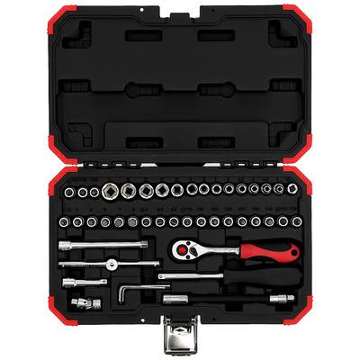 Tool kit with ratchet, socket sets and accessories, organised in a black plastic box with a red border.