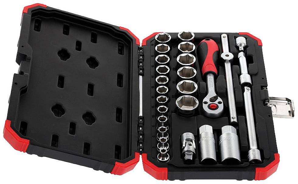 Open toolbox with various socket spanners and a ratchet, displayed on a black and red background.