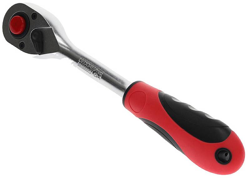 A ratchet with an ergonomic handle in red and black, suitable for tightening and loosening screws and nuts in various projects.