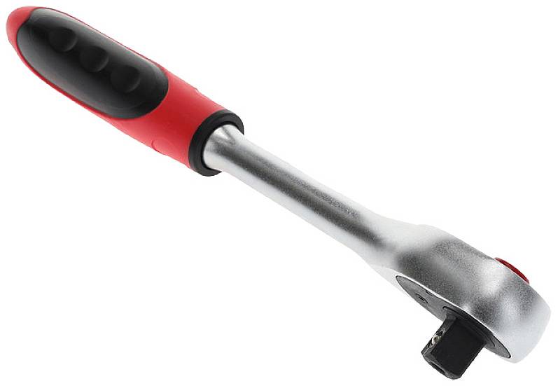 A silver ratchet with a red and black handle.