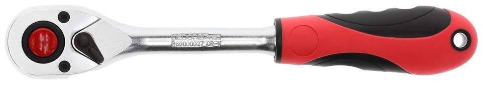 A red ratchet spanner with a black handle, suitable for tightening or loosening screws and nuts using a ratchet mechanism.