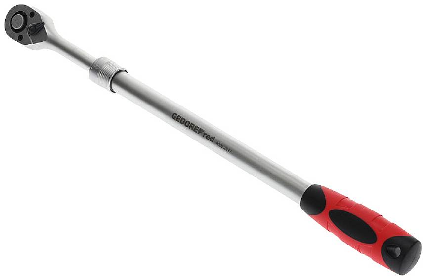 A torque wrench with a red handle, silver shaft and black ratchet. Suitable for precisely tightening screws.
