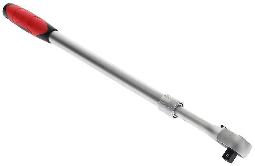 A silver torque wrench with a red handle, suitable for precise determination and adjustment of torque in screw connections.