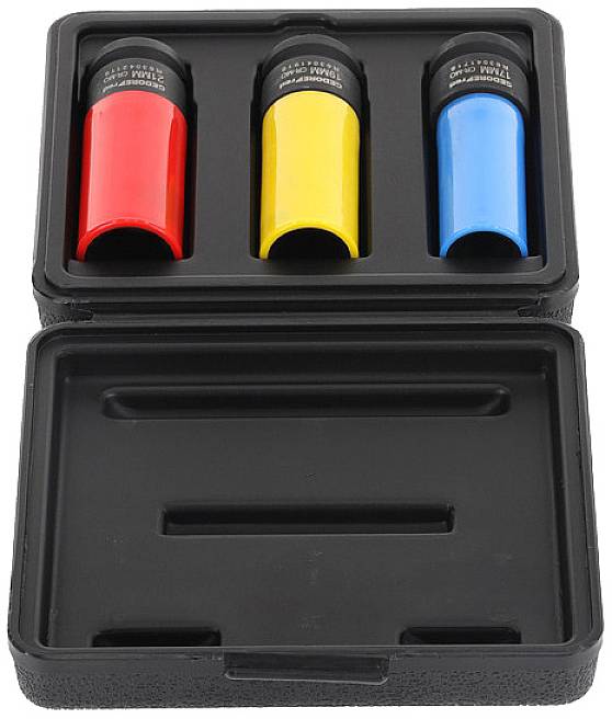 Black case with three coloured cylinders: red, yellow, and blue. Cylinders are sorted and placed in a matching form-fitted insert.