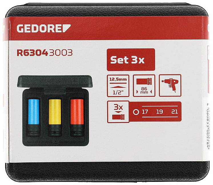 Black box with three coloured plugs (blue, yellow, red). Print: 'Gedor R63043003', 'Set 3x', Sizes: '17, 19, 21'.