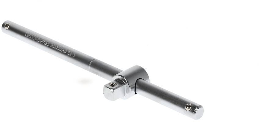 A rectangular, silver metal T-handle key with a round grip for turning screws or nuts in the centre of the image.