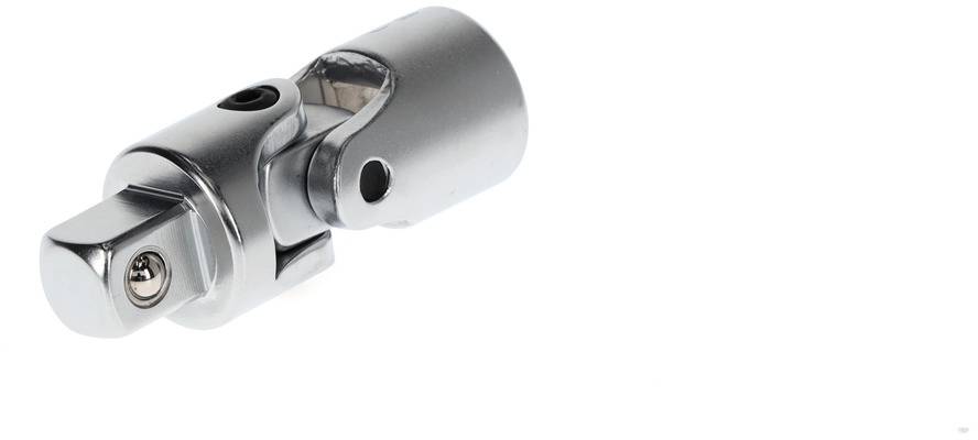 Metallic articulated joint, rotatable, used for connections in mechanical systems. Shiny, demonstrates functionality in engineering.