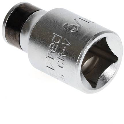 A silver socket spanner, open-ended on both sides and hexagonal, rests on a white surface.