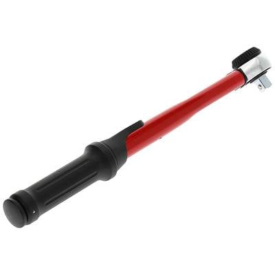 Torque wrench with a red handle and black, textured grip. A tool for precise application of torque when working with screws.