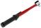 Torque wrench with a red handle and black, textured grip. A tool for precise application of torque when working with screws.