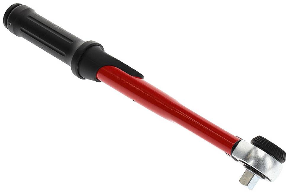 Torque wrench with a red handle and black grip, suitable for precisely tightening screws and nuts in technical applications.