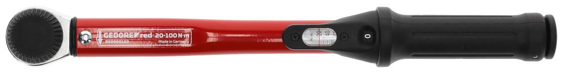 Red torque wrench with black handle, scale in the centre. Suitable for precise tightening torques during mechanical work.
