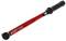 A red torque wrench with a black handle and scale for setting the desired torque, with a gear wheel to the left.