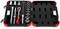 A black tool case with a red border contains various socket key inserts, a ratchet, and extensions.