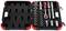 Socket set in an open black case with red corners. Contains socket nuts, a ratchet and extensions.