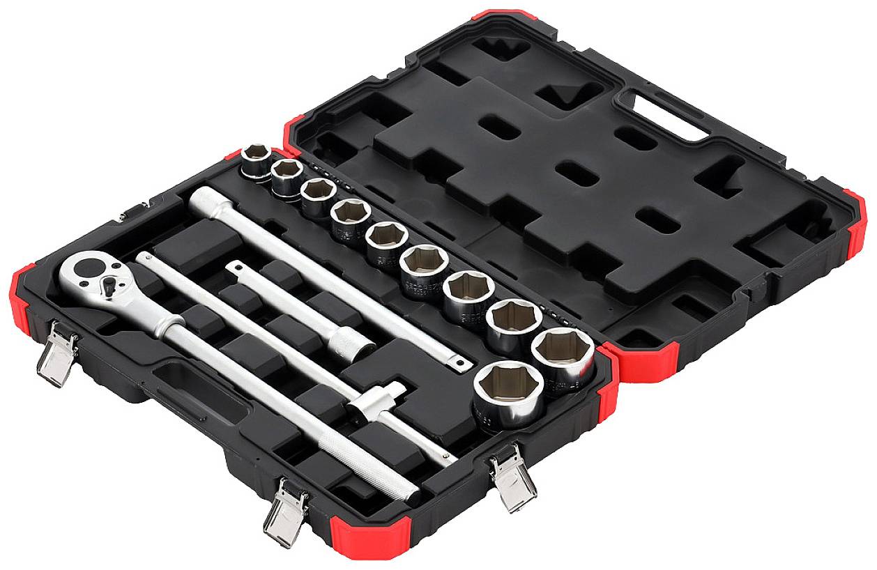 An open toolbox with various socket wrenches and extension bars, neatly arranged on black foam.