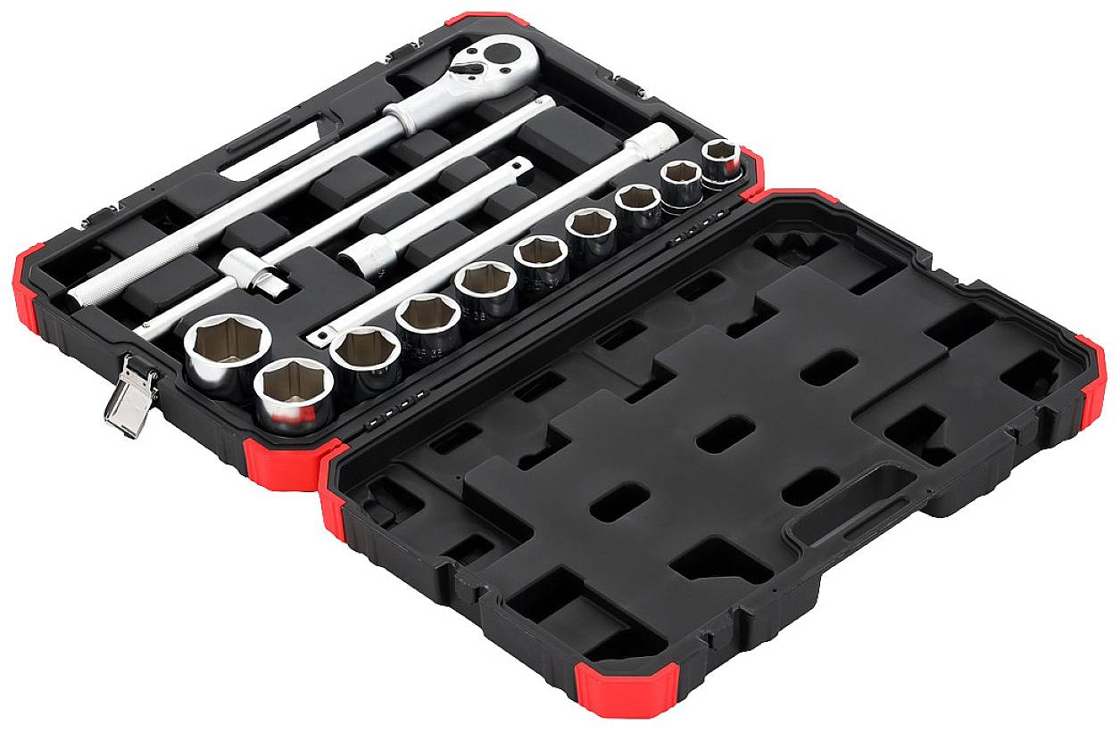 An opened toolbox with various socket spanners and a ratchet handle, laid out on black foam padding.