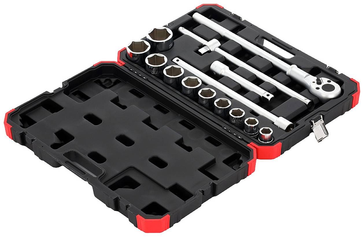 An open toolbox with a socket wrench set, including a ratchet, extensions, and sockets in various sizes.