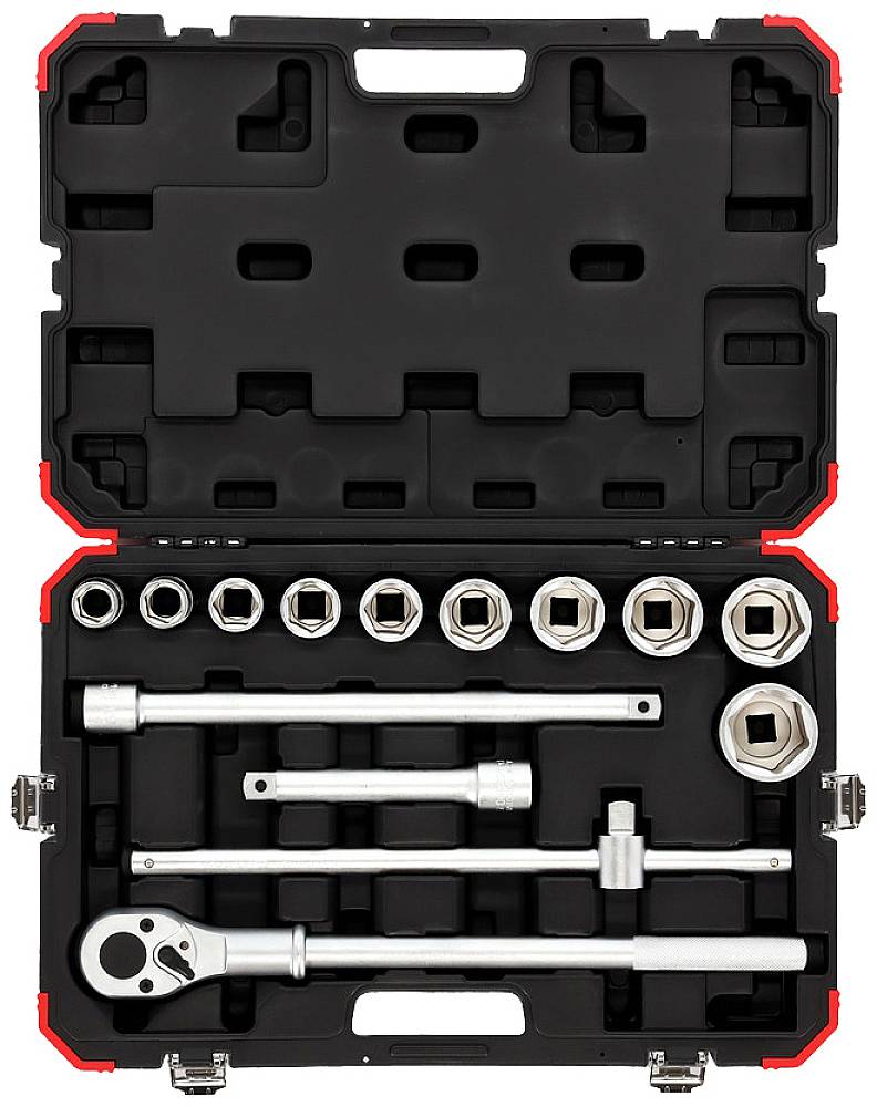 An opened tool case displays various socket wrenches and extension bars, neatly arranged in precisely fitted recesses.