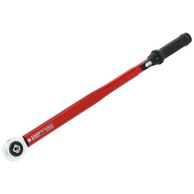 Torque wrench with a red handle and black head, a tool for precise torque measurement when tightening bolts and nuts.