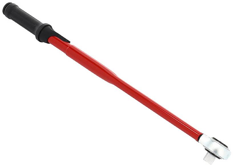A red torque wrench with a black handle and metallic head, used for precisely tightening screws and nuts.