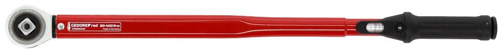 A red torque wrench with a black handle, suitable for precise fastening work in mechanics and assembly.