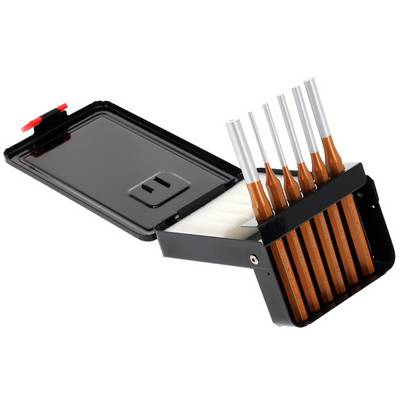 An open, black toolbox with seven different drill bits. The drill bits are neatly arranged side by side.