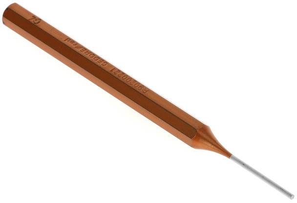 A red dental probe tool with a long, slender, metallic end.