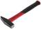 Red and black hammer with a flat head and ergonomic handle on a white background.