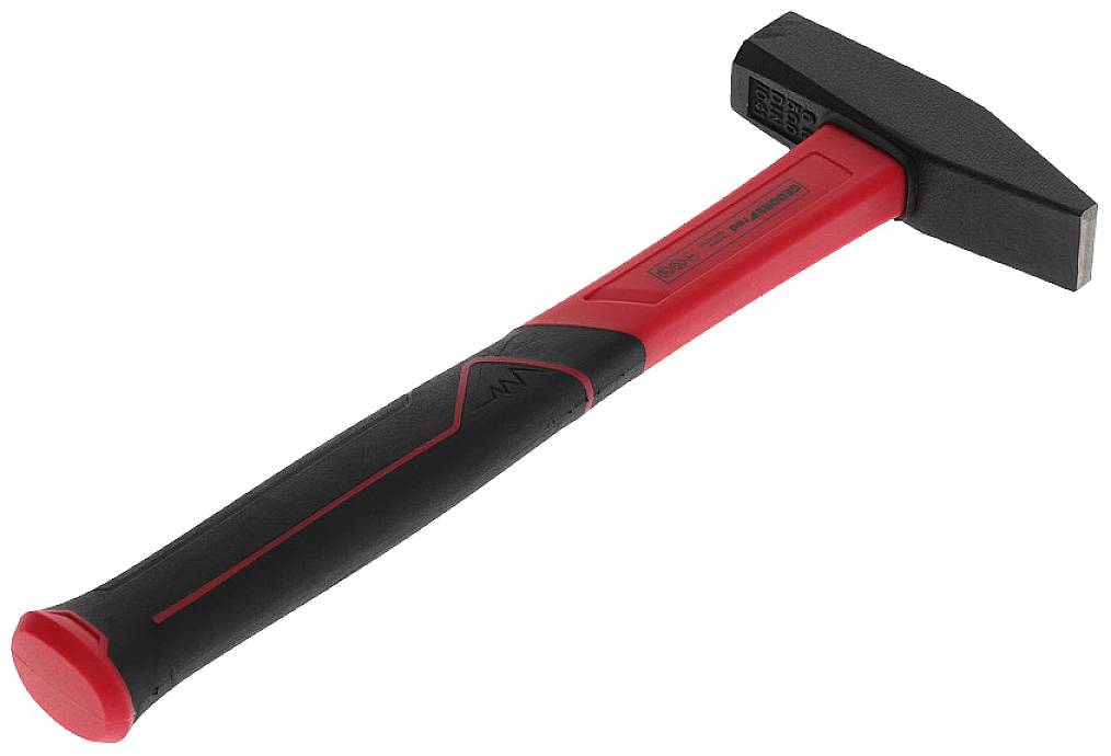 A black hammer with a red handle lies on a white background. The hammer has a rectangular head and is suitable for striking tasks.