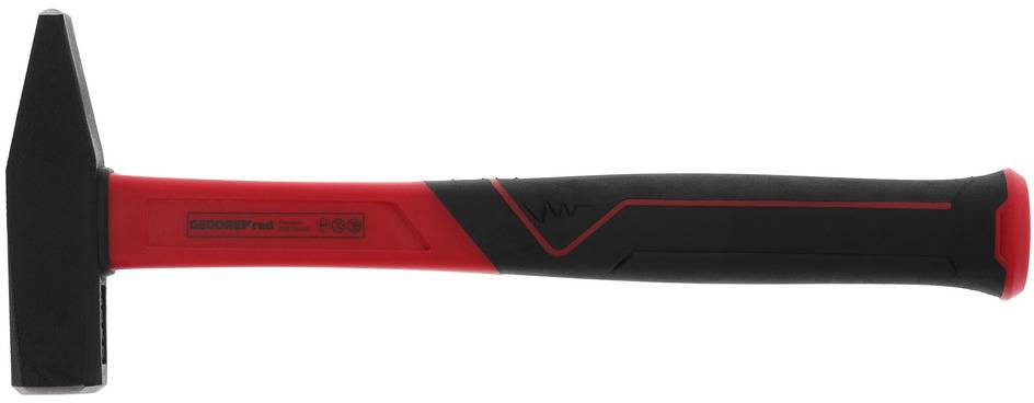 Black and red hammer with a rectangular head and ergonomic handle, suitable for general craftwork.