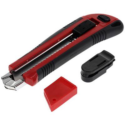 Red and black universal cutter with a removable blade and protective cap on a white background.
