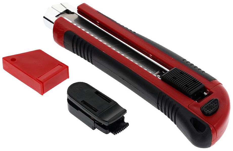 A red and black carpet knife with sliding mechanism, removable blade cover, and additional black accessory part.