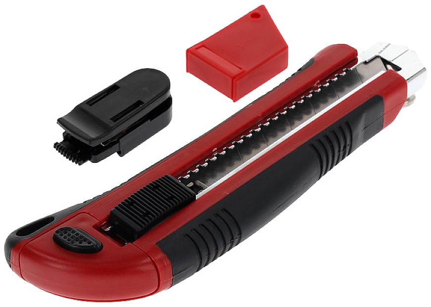 Red and black carpet knife with blade compartment, removable blade holder, and red protective cap beside it.