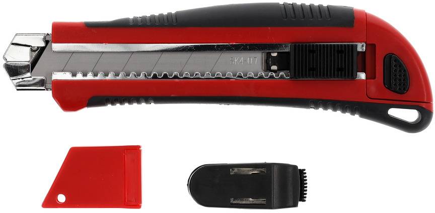 A red and black multi-tool knife with a retractable blade, alongside a red cap protective sheath and a black blade cassette.