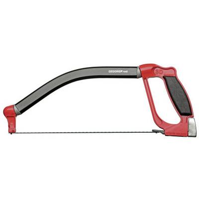 Metal saw with a red handle and black arch, suitable for cutting metal.<br><br>Translation: <br>Metal saw with a red handle and black frame, suitable for cutting metal.