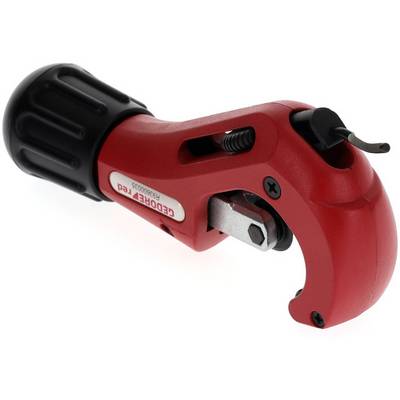 Red pipe cutting tool with black handle and adjustable blade. Used for cutting metal pipes.