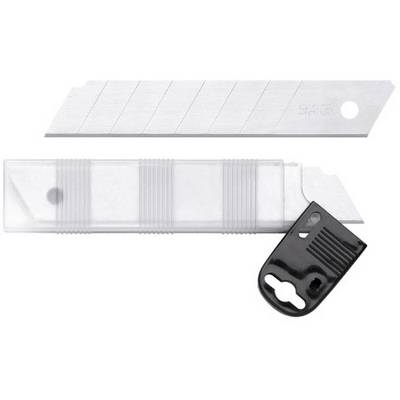 A set of interchangeable blades for a utility knife, with a plastic packaging and a black clip for secure transport.