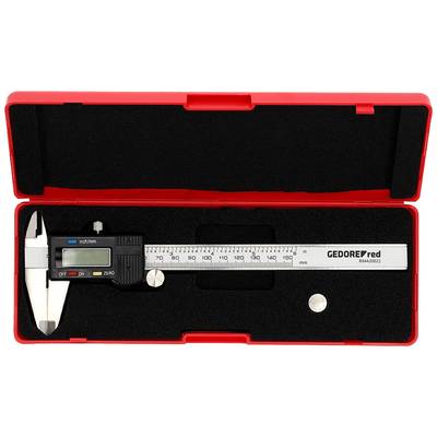 Digital calliper in red case with display, measuring scale up to 150mm. Suitable for precise measurements in workshop or laboratory.
