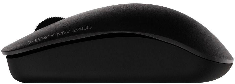 Black wireless computer mouse, model 'CHERRY MW 2400', side view with visible scroll wheel.